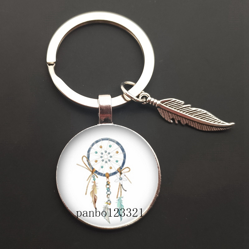 Dream Catcher Tone Key Chain Dream Catcher Feather Round Glass Convex Photo Keychain