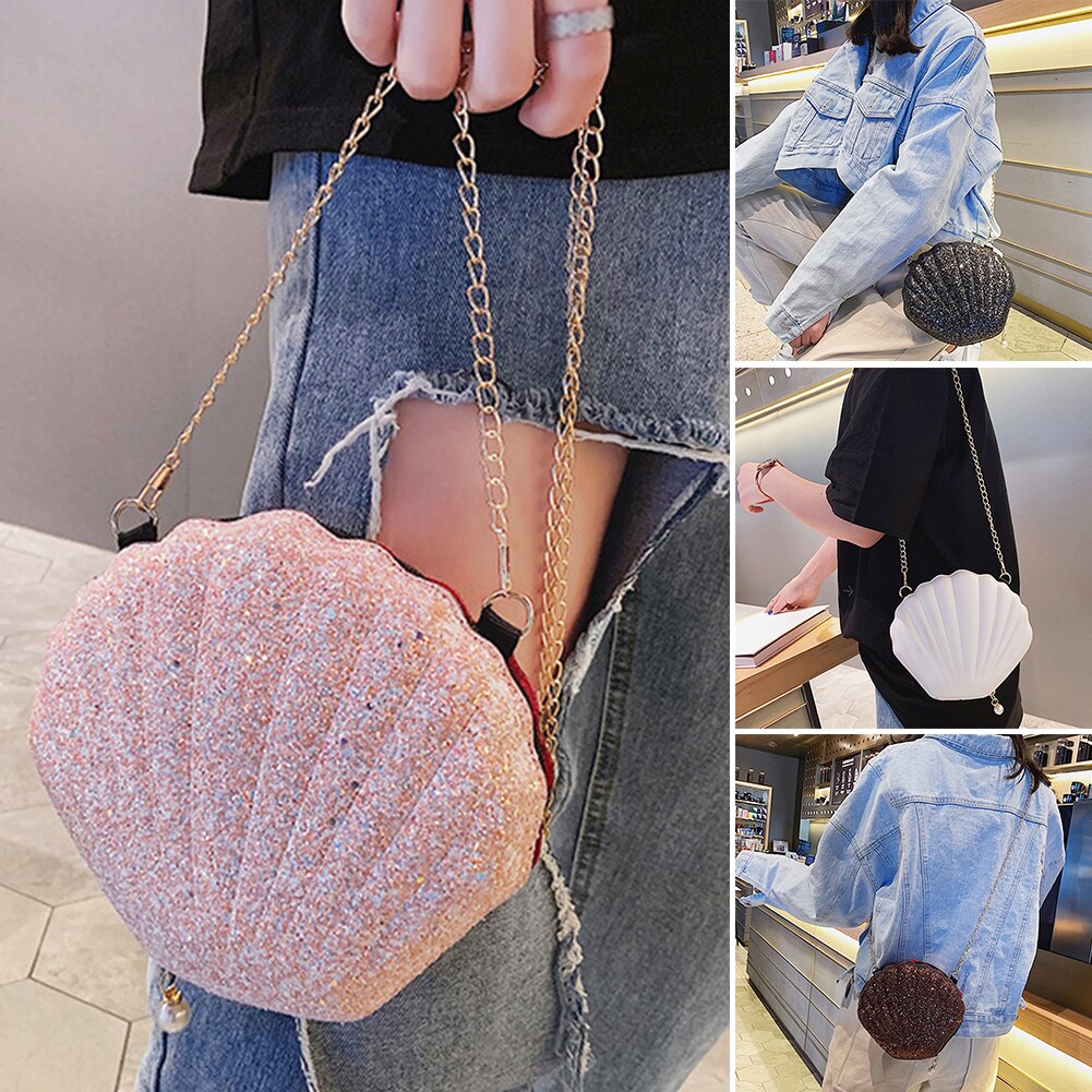 Bolso bandolera con lentejuelas brillantes, cadena de Metal, bandolera de a la , Mini bolso informal con cierre de cremallera para En forma de concha