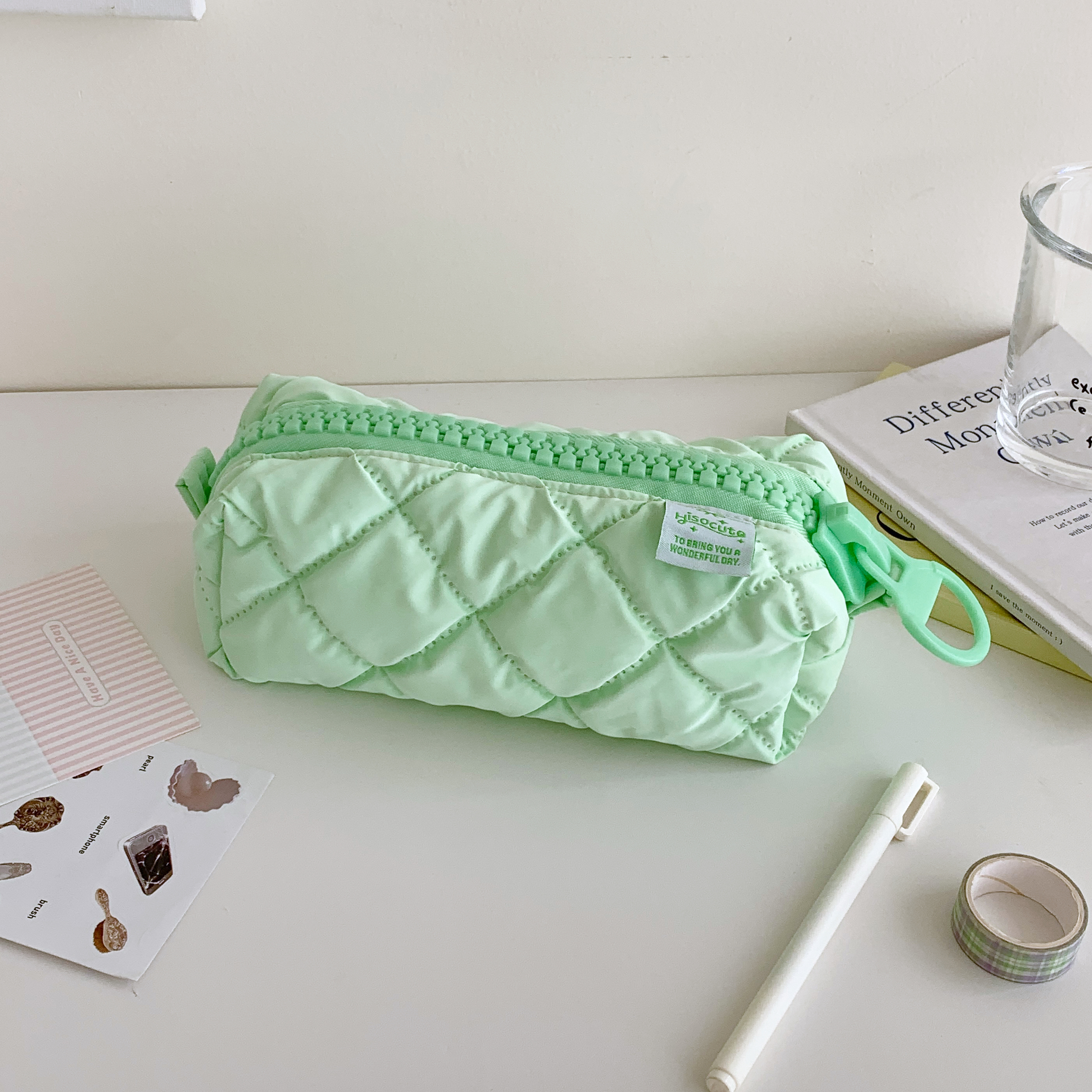 Estuche para lápices con cremallera grande y acolchado suave, bolsa de almacenamiento estacionaria escolar, bolsa para bolígrafos de gran capacidad: BLANCO