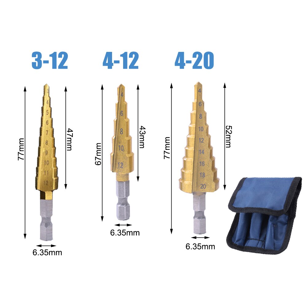 DIZAINLIFE HSS Cobalt Twist Step Drill Bit Set Cone Pagoda Shape Wood Metal Hole Cutter Drilling Titanium Coated Core Drill Bit: 3 PCS With Bag A