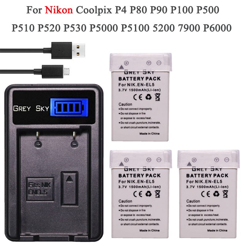 3.7v 1500 mah en -el5 en el5 enel 5 batteri + lcd usb-oplader til nikon coolpix  p530 p520 p510 p100 p500 p5100 p5000 p6000: Pakke 3