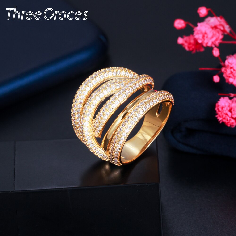 Treegrace marca africana Dubai CZ cristallo Color oro multistrato eleganti fedi nuziali per spose festa bigiotteria RG148