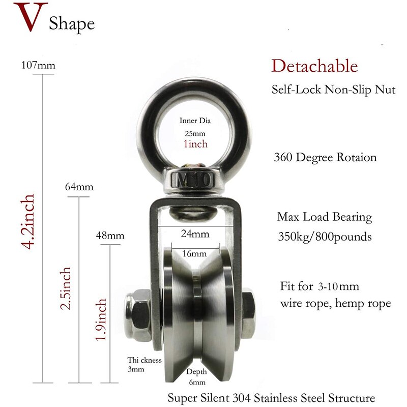 V Type Swivel Pulley 304 Stainless Steel Duplex Bearing Silent Detachable 360 Degree Rotation Heavy Duty Traction Wheel