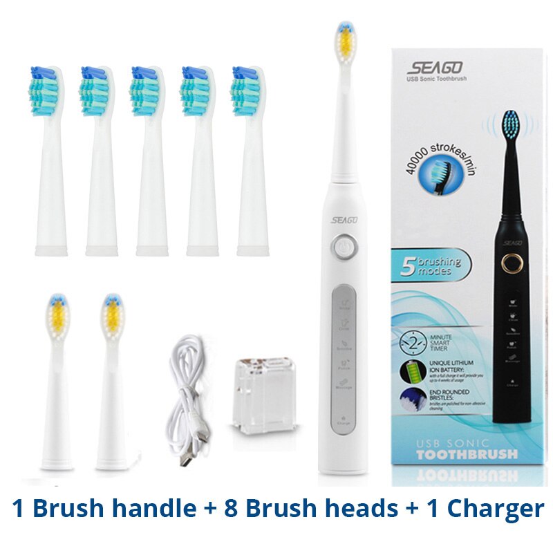 Adulto sônico escova de dentes elétrica seago SG-507 recarregável 5 modos profunda oral limpo macio dupont cerdas cabeças escova: White5heads