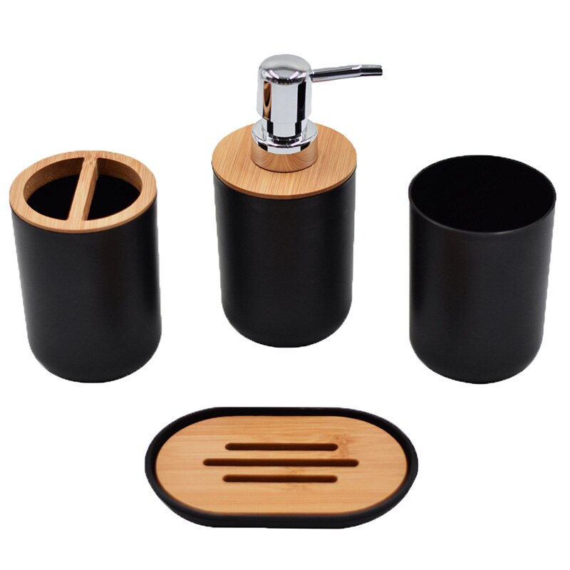 Bamboe Badkamer Accessoires Set Plastic Badkamer Kit Zeep Dispenser, Tandenborstel Beker, Zeepbakje, Toiletborstel Houder, prullenbak