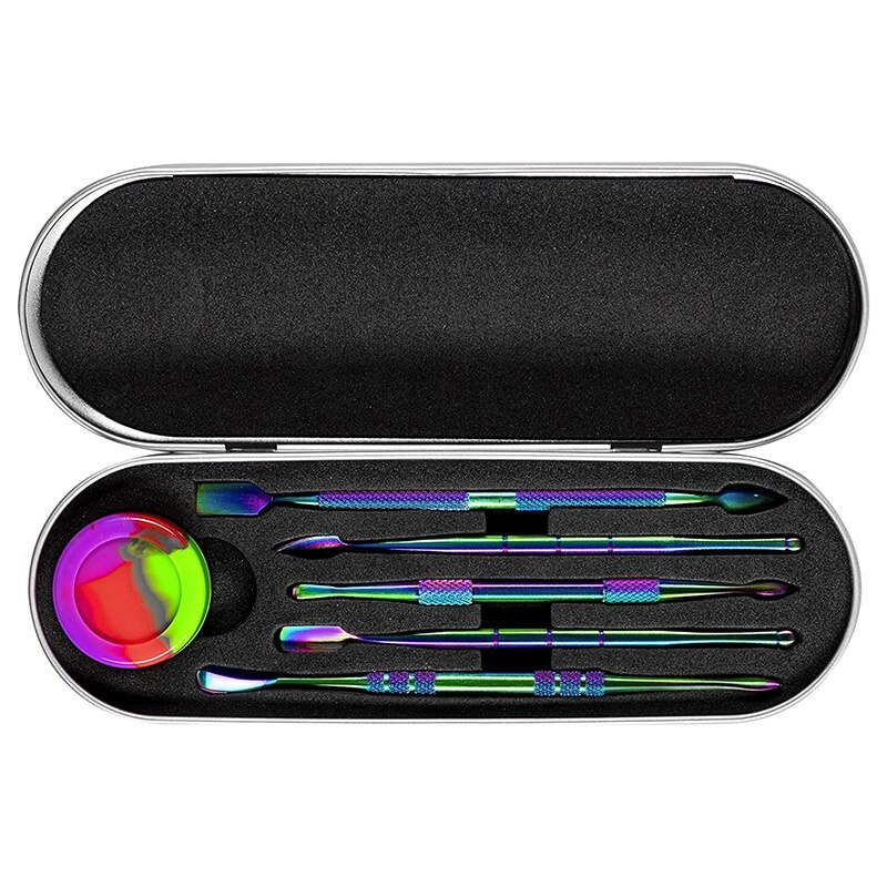 6 Stuks Wax Carving Tool Set, rvs Double-Sized Gereedschap Met Siliconen Container Jar En Metal Case, Regenboog Kleur