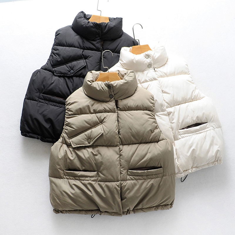 Chaleco de Invierno para mujer, chaleco acolchado, chaleco Casual para mujer, chalecos cálidos para mujer, chaqueta con bolsillos de cuello alto sin mangas, ropa de calle