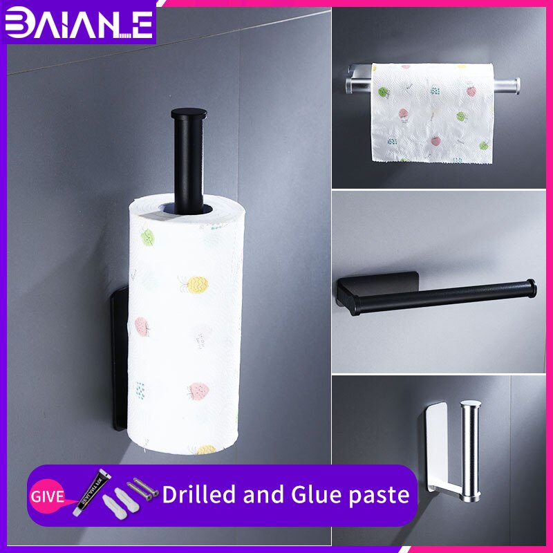 Bathroom paper holders black wall mounted screw free installation toilet paper roll stand dispenser kitchen tissue roll holder