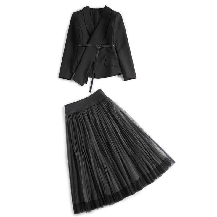 Stilig kontor dame sett dresser hakk krage v-hals belte blazer dress jakke tyll tutu skjørt 2 deler sett dameklær