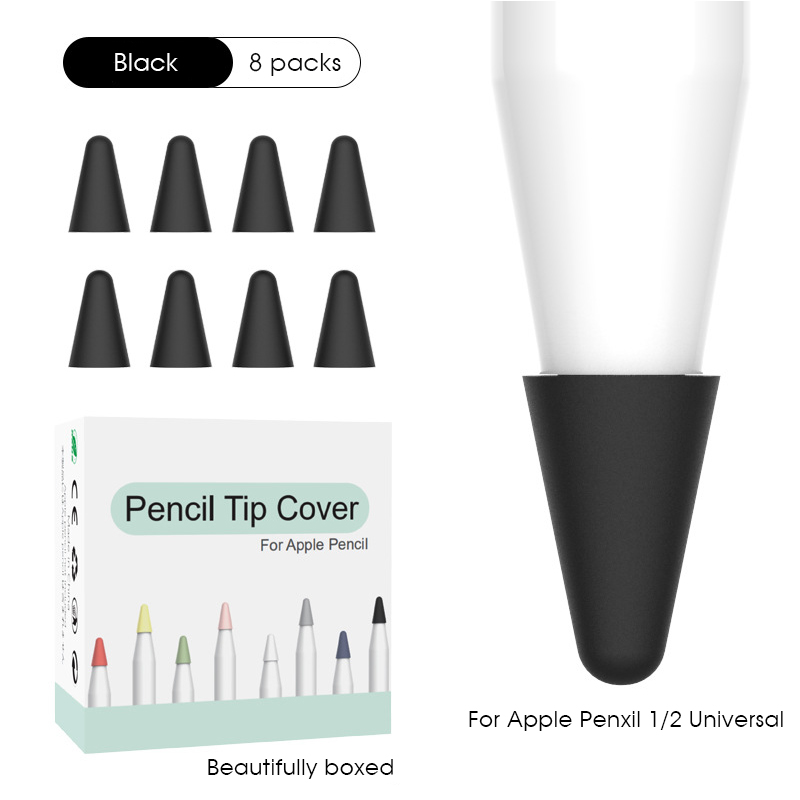 8 stk farver silikone blød udskiftning tip sag nib cover hud til æble blyant 1st 2nd stylus touchscreen pen tip cover covers: Sort