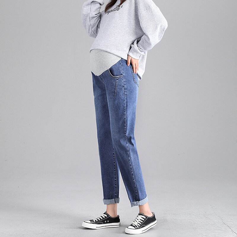 Mom Jeans For Women Denim Women`s Clothing Straight Solid Color High Waist Pregnant Pants Plus Size Maternity Clothes 0317