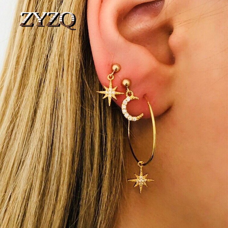 Zyzq Metalen Kwastje Strass Achtpuntige Ster Stud Oor Manchet Clip Op Oorbellen Voor Vrouwen Pierced Minimalistische Mode-sieraden