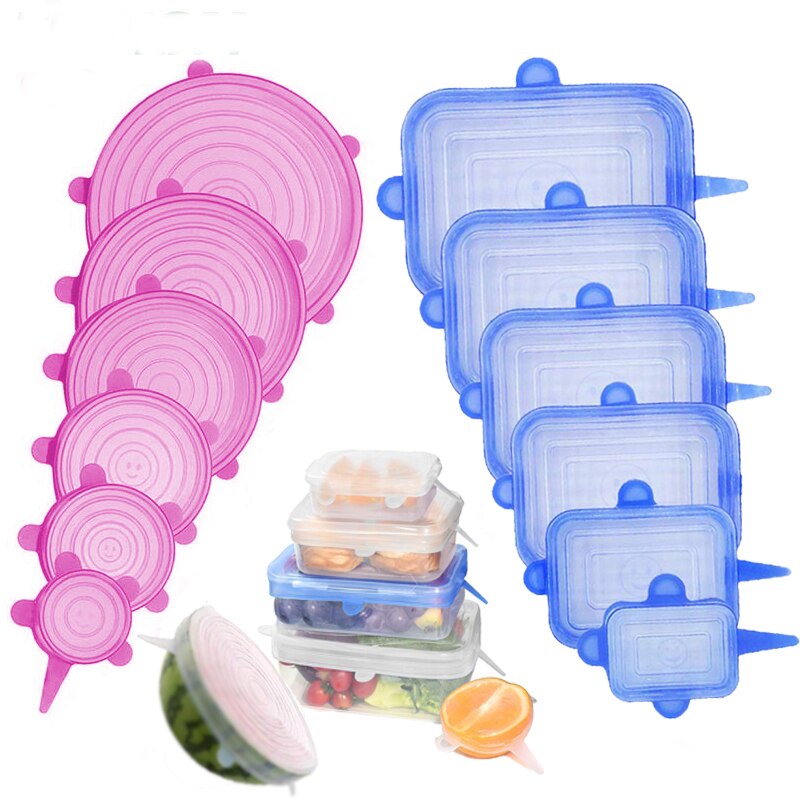Tapas elásticas de silicona de 6 uds, tapas herméticas reutilizables para envolver alimentos, cubiertas para mantener el bol sellado fresco, cubiertas elásticas para envolver, utensilios de cocina