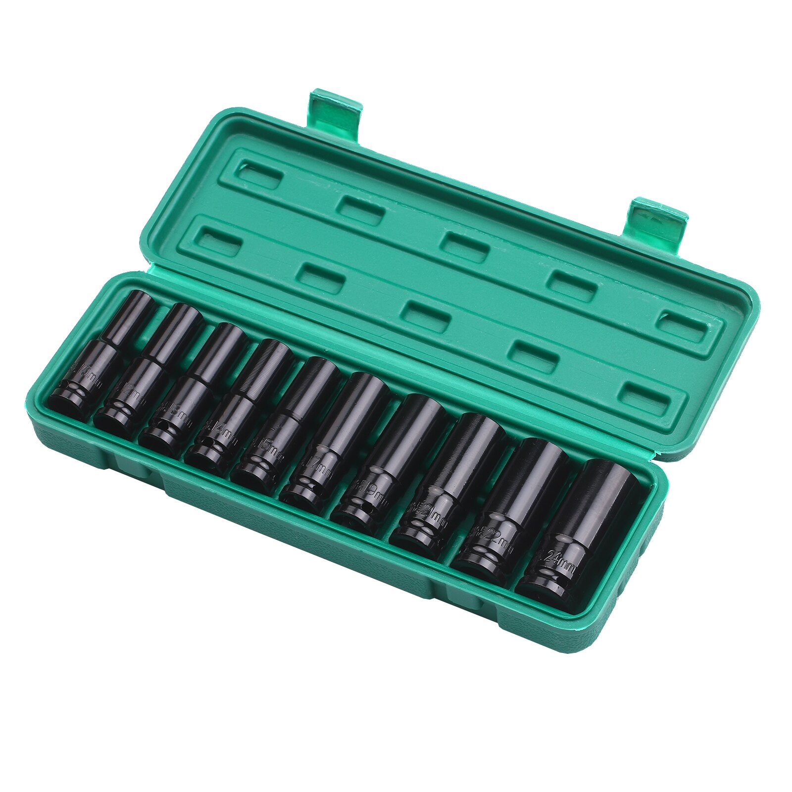 Jeu de douilles à Impact 1/2 pouces, jeu de douilles à Impact hexagonal, 10 pièces douilles profondes, tailles métriques 8-19mm en acier au carbone avec boîte de rangement: 10pcs 10-24mm