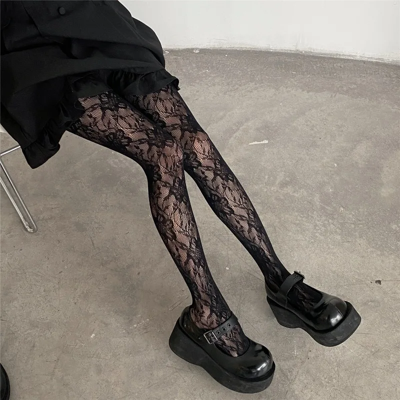 Medias florales estilo Punk para chicas dulces de Lolita, medias altas hasta el muslo coloridas, lencería Sexy para mujer, pantimedias de rejilla de malla caladas: Negro