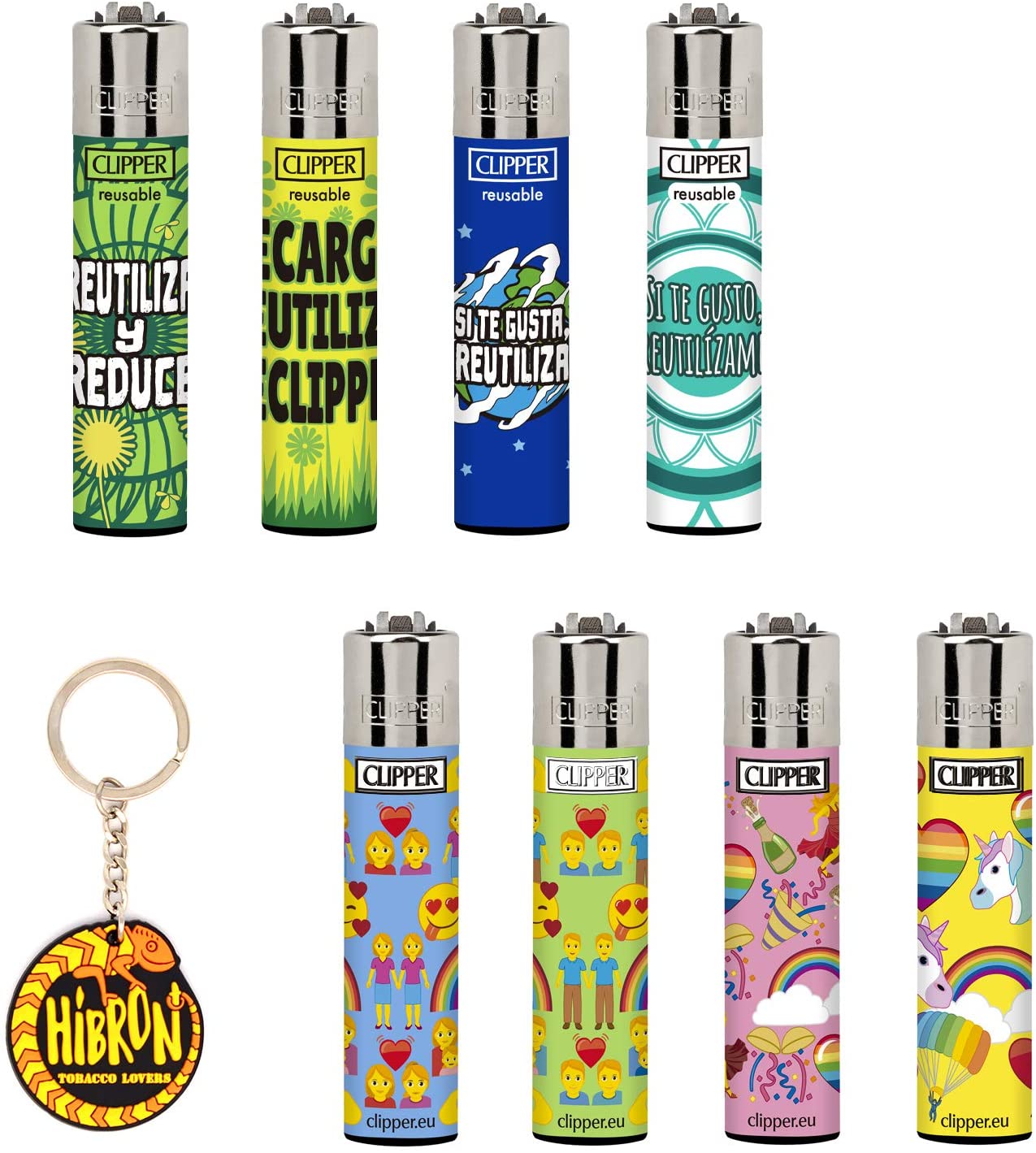 Pack de Clipper 8 Mecheros Encendedores Diversos Surtidos Bonitos + 1 Llavero Camaleón Hibron