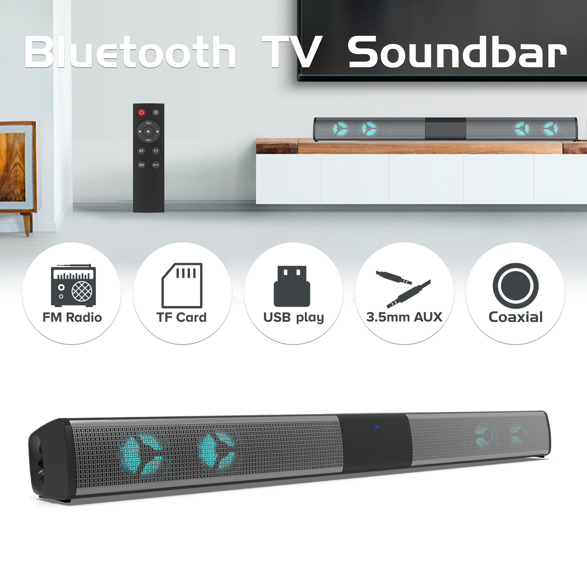 Faixa de som sem fio com bluetooth 2021, rgb, alto-falante, tv, computador, echo, parede, home theater, subwoofer, tira de som surround com cartão tf aux