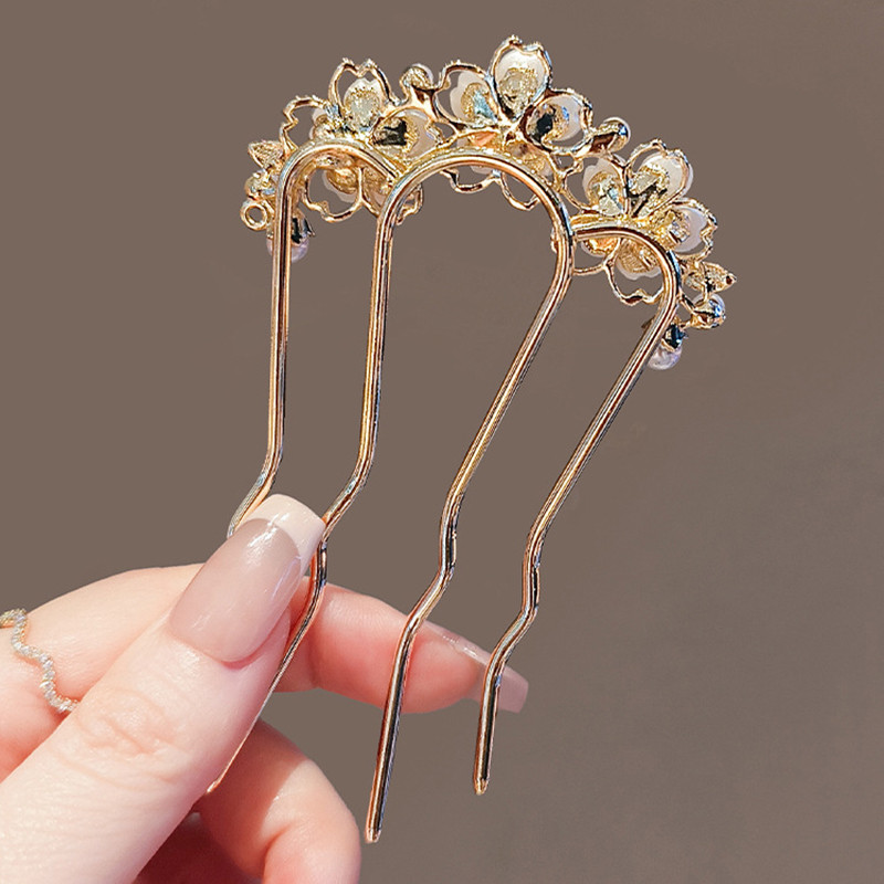 Peinetas para el cabello onduladas con flores y perlas para mujer, horquilla estilo bosque en forma de U, broche para el cabello con cabeza de moño de Metal de alta gama