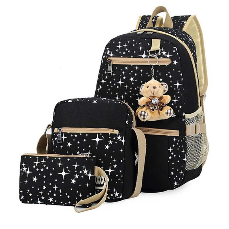 Conjunto de 3 mochilas escolares con estampado de estrellas para mujer, Set de 3 unidades: black