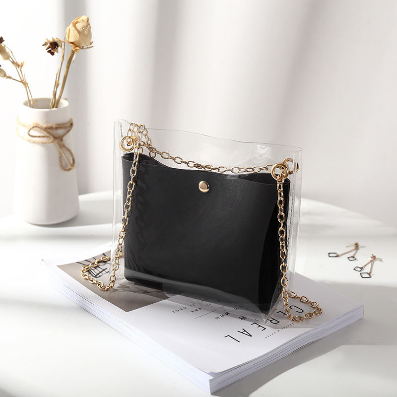 Luxury Handbag Women Transparent Bucket Bag Clear PVC Jelly Small Shoulder Bag Female Chain Crossbody Messenger Bags: Black