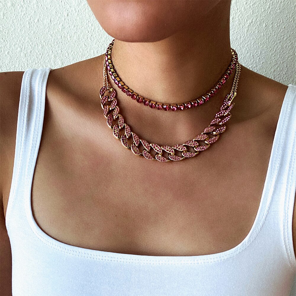 Cubansk link kæde iset ud rhinestone choker kvinder lagdelt halskæde sæt luksus chocker halskæder smykker tilbehør