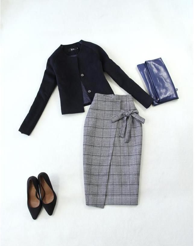 Women's autumn winter blue short jacket high waist pencil skirt woolen skirt suit office clothes blazer office uniform