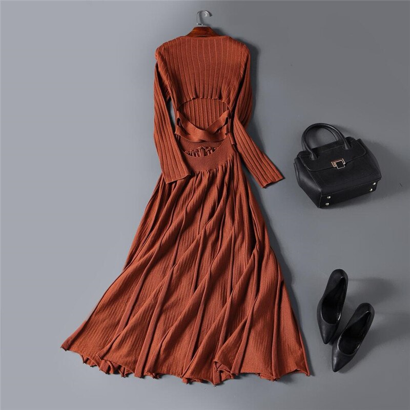 Women Autumn Spring Vintage Backless Bow Dress Long Sleeves Sliming Dress Women Pleated Tunic Vestidos Knitted Dresses