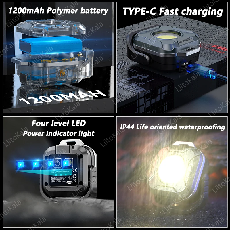 Liitokala lf -986 mini arbeidslys led + cob 500lm type-c ladegrensesnitt 5 v 1a innganger innebygd  in 1200 mah batteri lommelykt