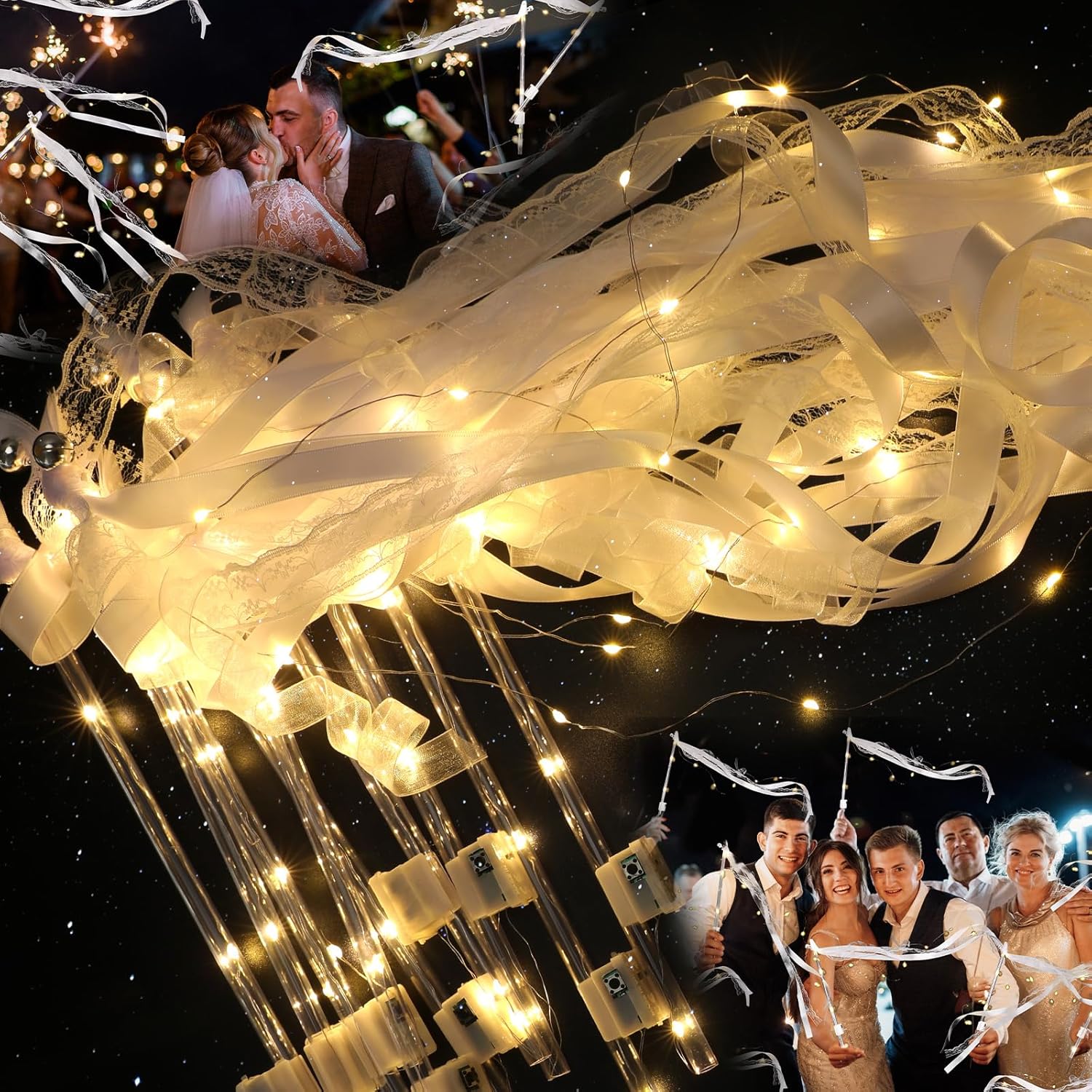 12-60Pcs Light Up Wedding Sparklers LED Wedding Wands Streamers Silk Fairy Wands with Bells for Wedding Birthday Party Supplies