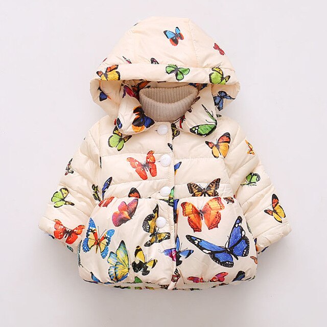 Sodawn babyjakke efterår vinter toddler bomuldstøj europæisk amerikanske piger sommerfugletrykning hætteklædt børnejakke: Bz1520 beige / 18m
