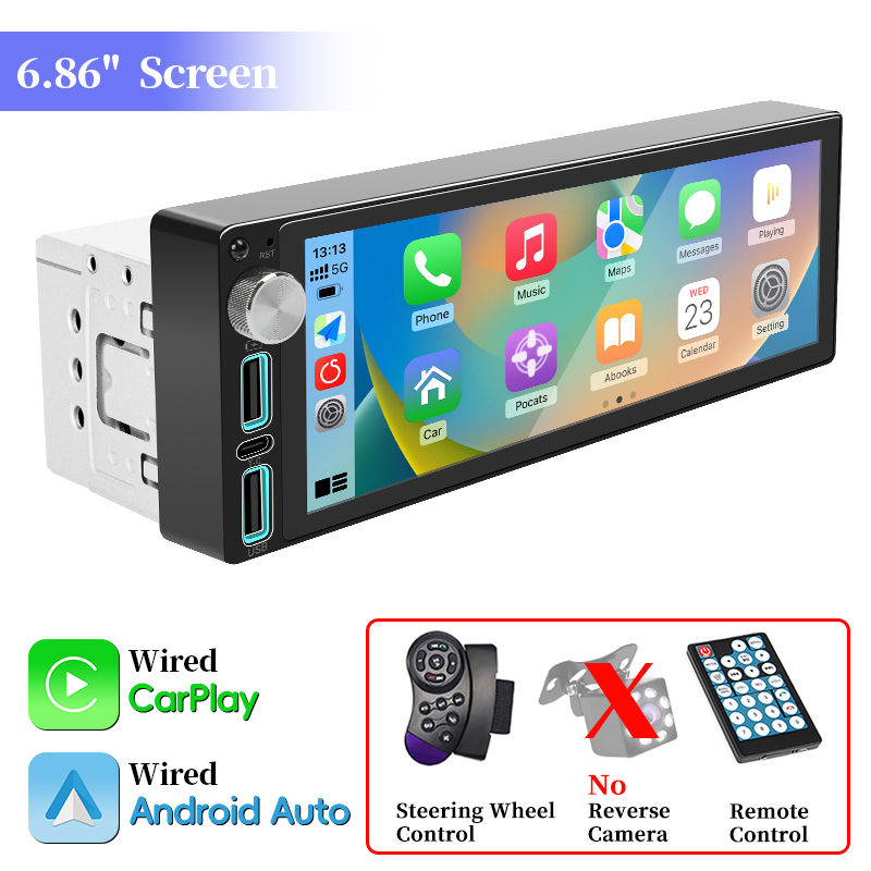 Rádio automotivo 6.86 polegadas carplay android auto 1din reprodutor estéreo de carro vídeo multimídia com bt fm usb tipo-c carga espelho link: BRANCO