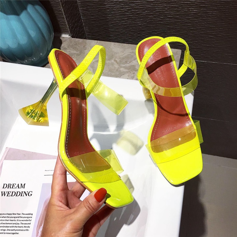 été femmes blanc Lime vert clair talons hauts sandales néon jaune Slingback sandales cristal PVC Transparent chaussures