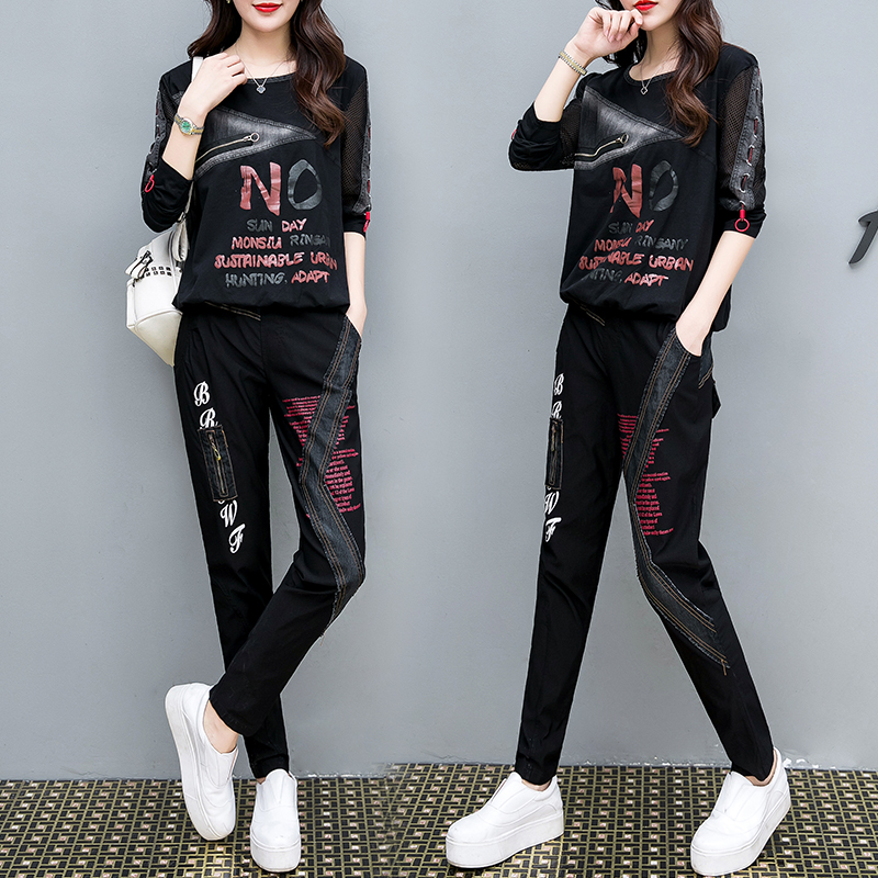 Tracksuit For Women Autumn Loose Large Size Crop Tops+Denim Pants Suit Female Casual Plus Size Two Piece Sets M-4XL