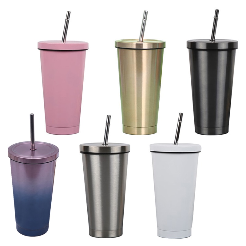 500ml rustfrit stål isoleret krus med låg og sugerør kaffekrus drikke rejse kop vakuum kolbe metal kop tumbler øl te kop