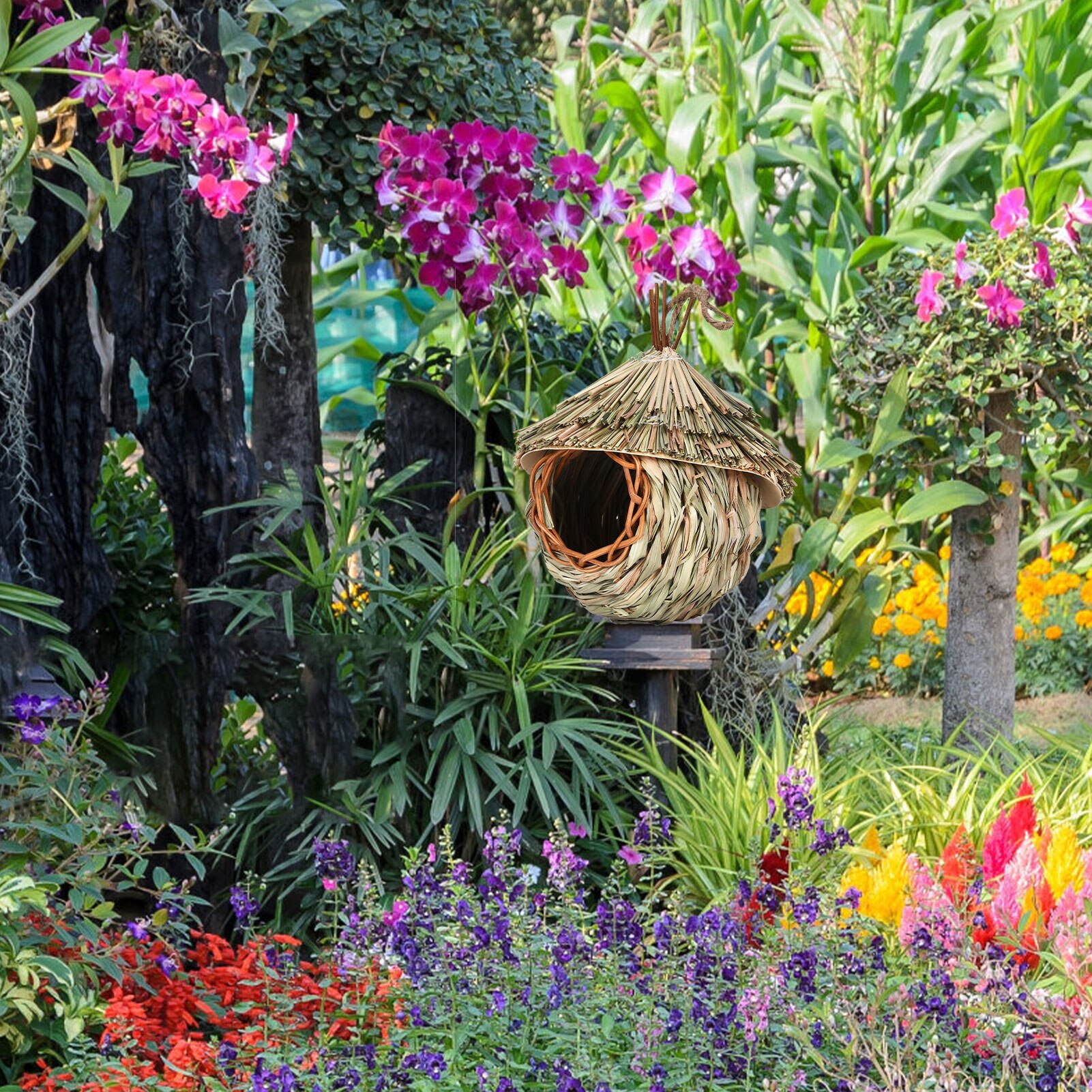 Outdoor Hummingbird House Hand Woven Straw Rope Bird Nest Outdoor Bird Nest Hideaway Roosting Pockets For Butterfly Finch Canary