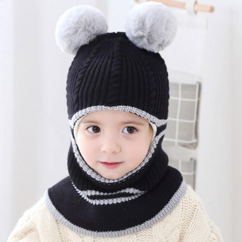 Doitbest 2-6 Y Winter hat for kids beanies two Fur hairball boys Beanie Child knit hats Protect face neck kid girls Earflap Caps: Black