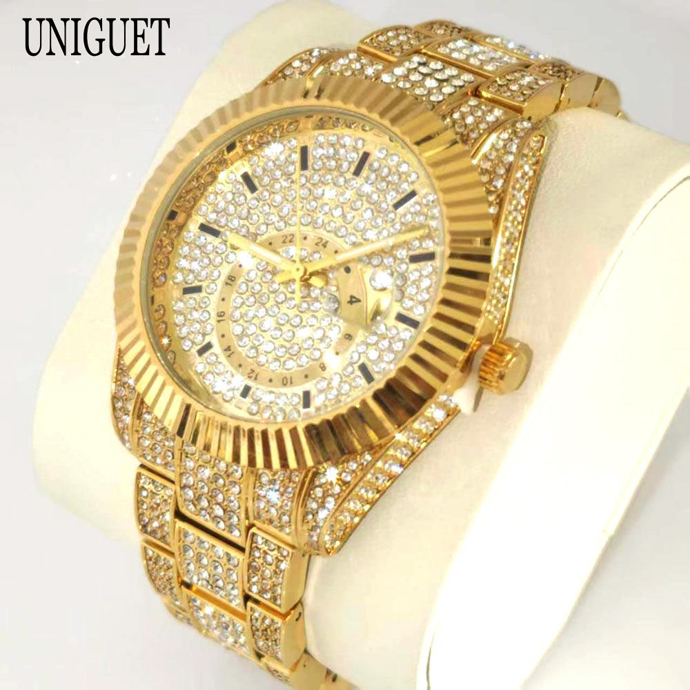 Luksus guldure herremærke unikuet hiphop fuld diamant bling smykkeur herre vandtæt kvarts armbåndsur reloj: Rose