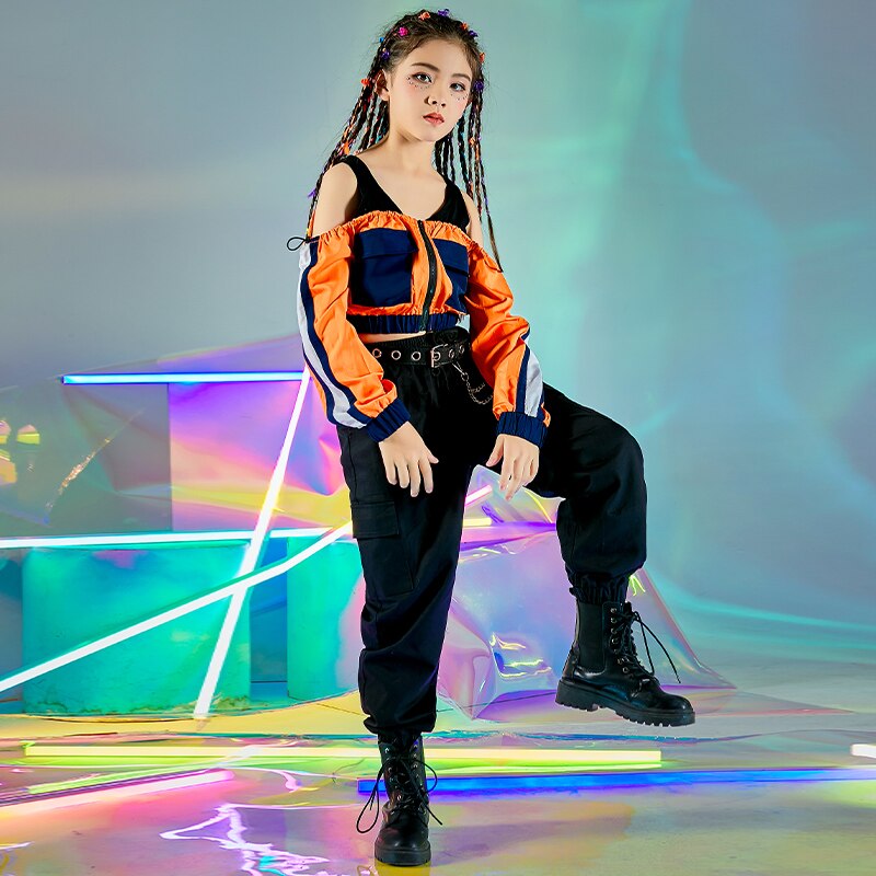 Ballroom Hip Hop Dance Costumes For Kids Long Sleeve Tops Black Loose Pants Girls Jazz Street Dance Wear Rave Clothes DN7178: 1 suit / 170