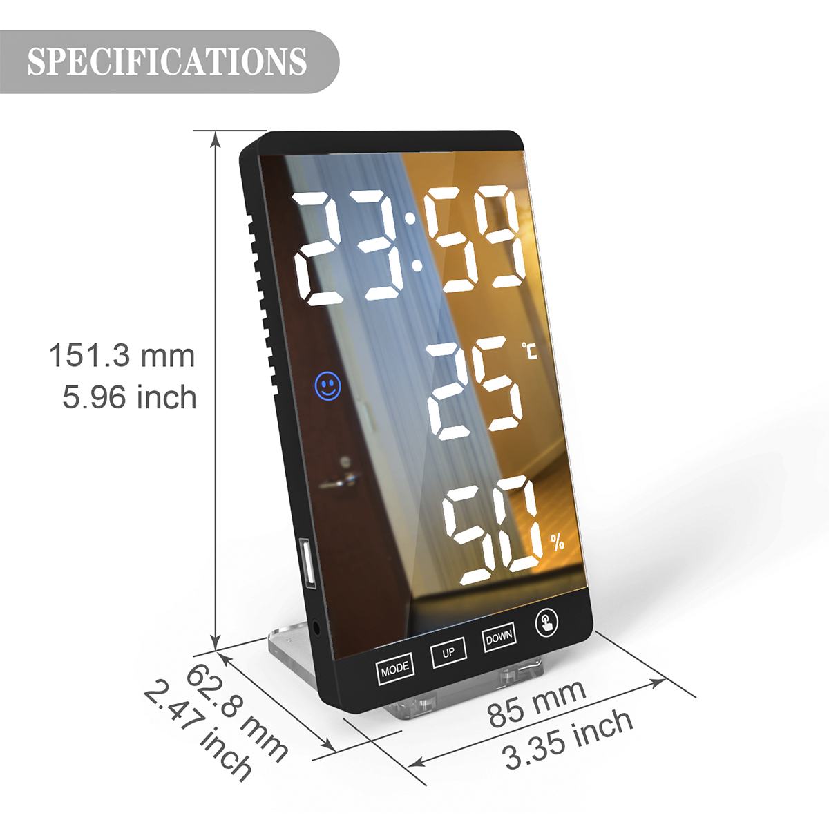 Large Touch LED Digital Alarm Clock With USB Charging Port Snooze Magnet Adsorption Mirror Alarm Clock 4 Brightness Adjustment