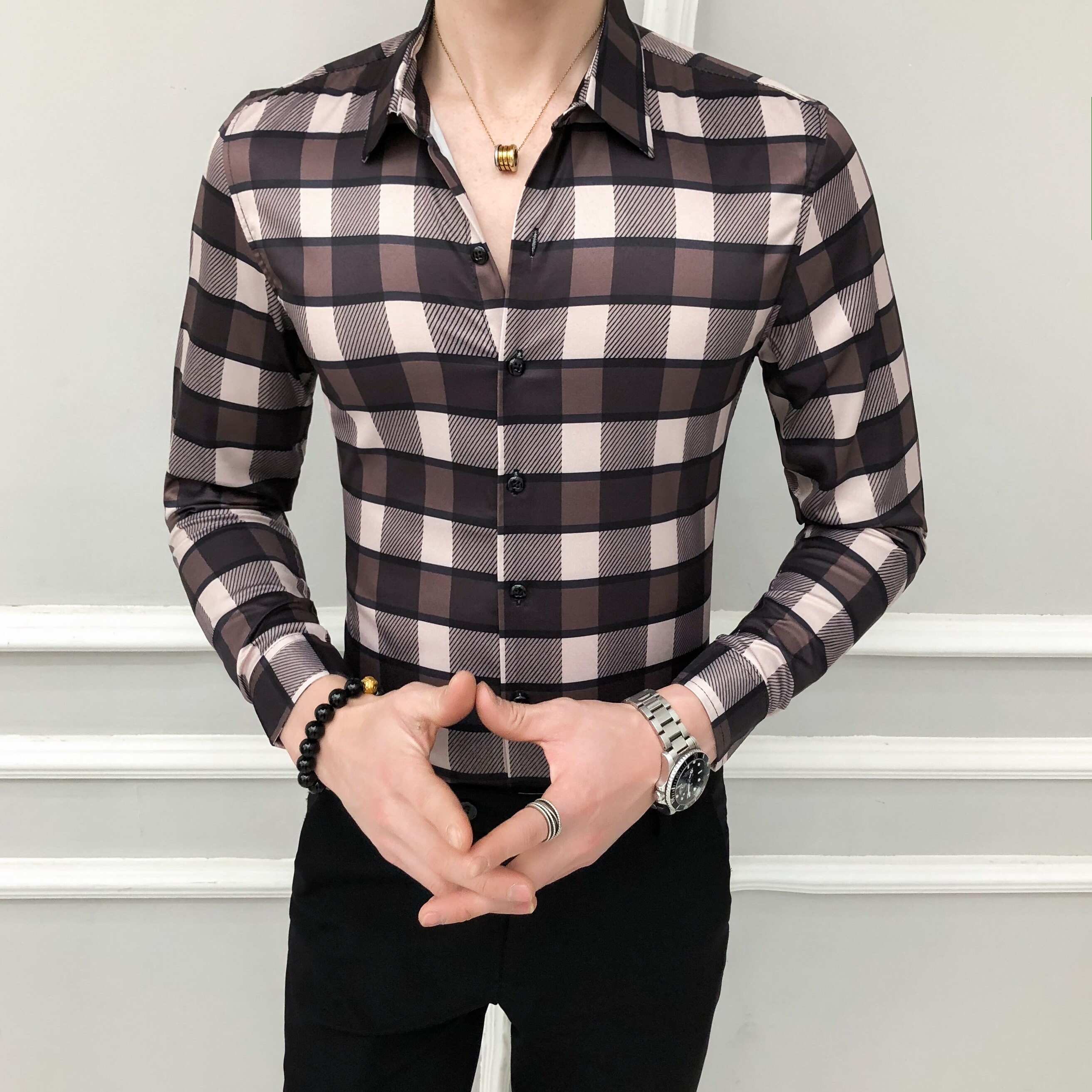 Camisa clásica a cuadros para hombre, camisas formales entalladas informales de manga larga para negocios, ropa de calle, ropa Social para hombre