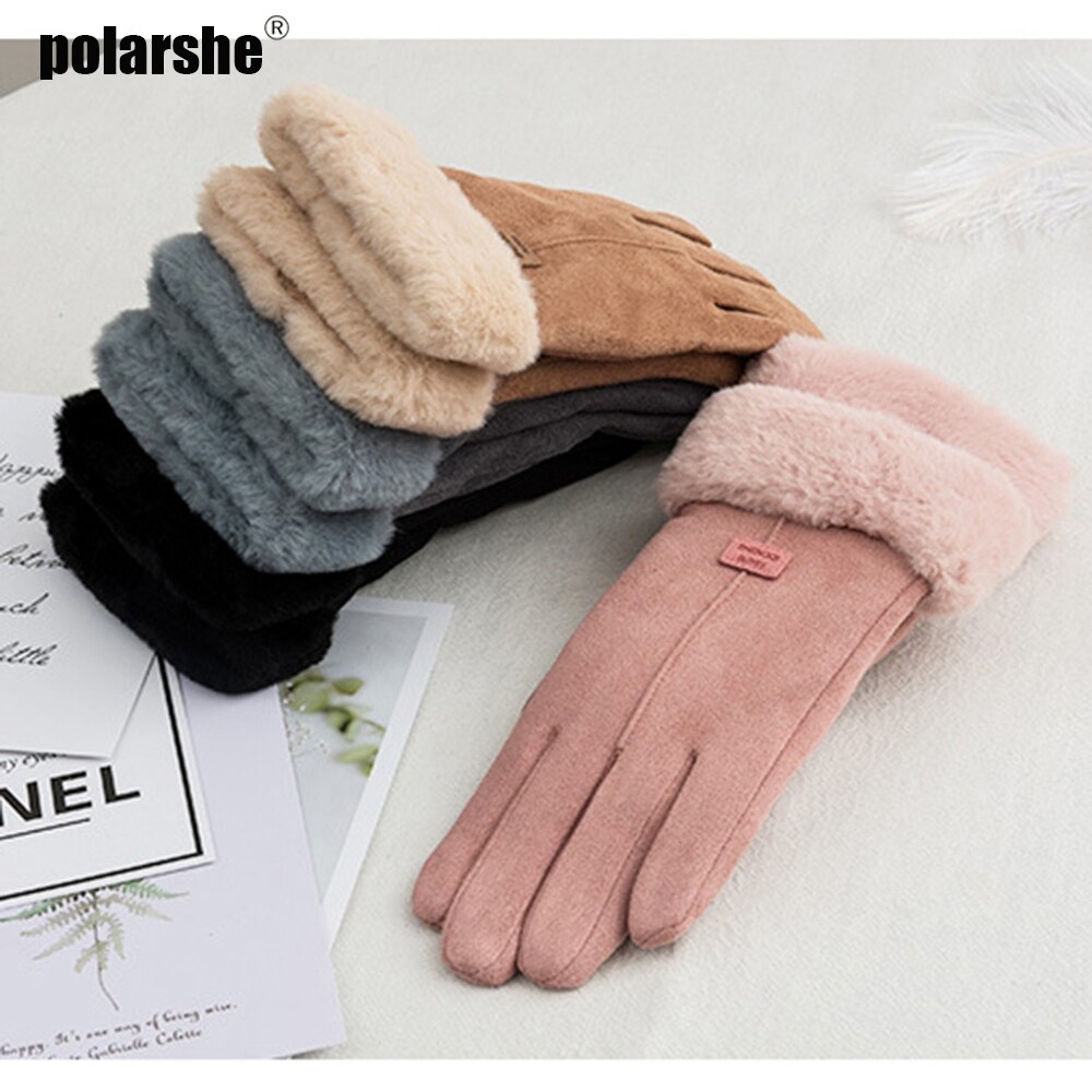 Female Winter Lace Warm Cashmere Cute Mittens Suede Leather Double Thicken Plush Full Finger Wrist Touch Screen Driving Gloves