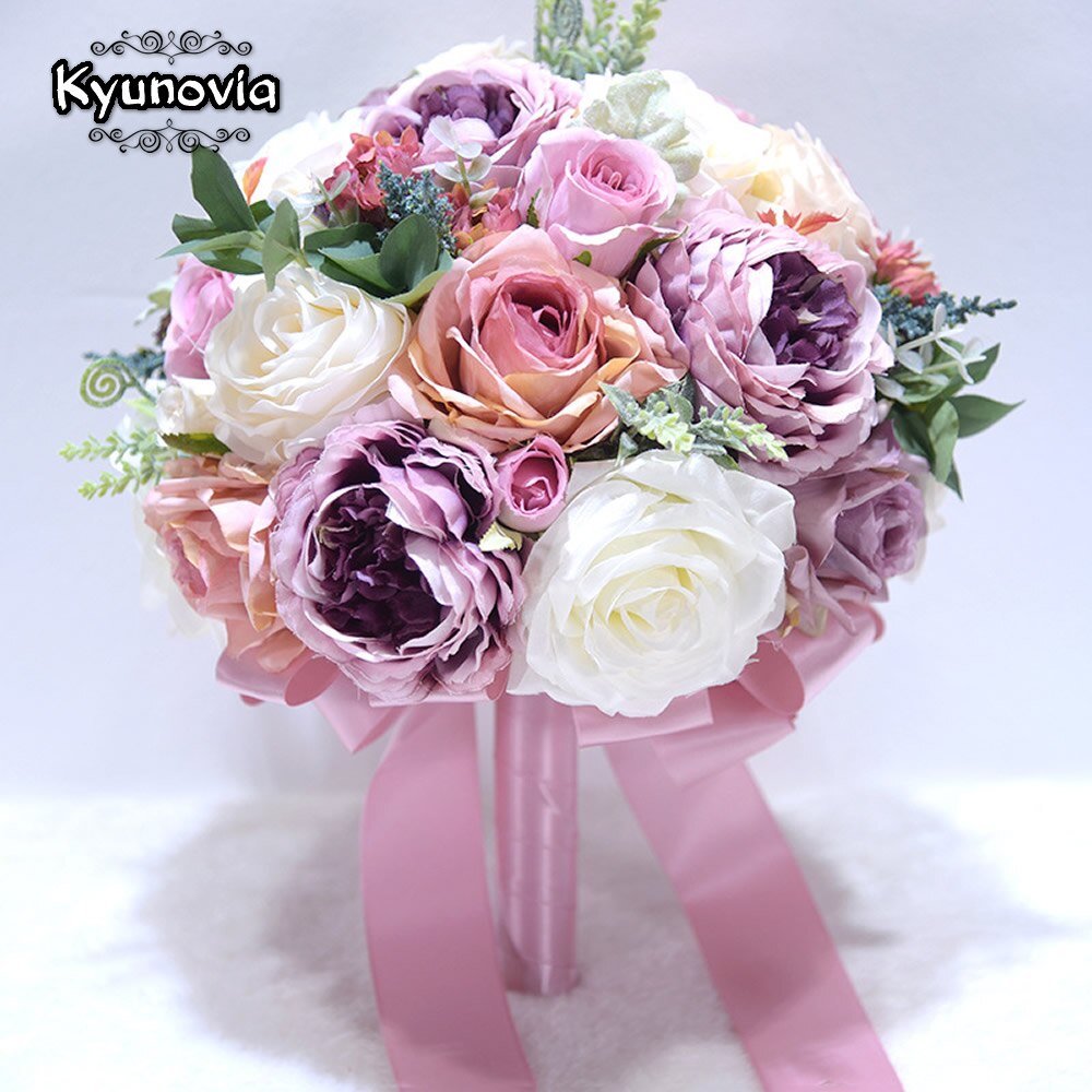 Kyunovia nowy bukiet ślubny Lvory i rumieniec różowa piwonia ślubny kwiat jedwabny bukiet ślubny buque de noiva ramos de novia GC9