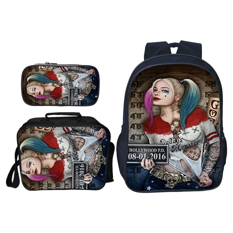 3Pcs/Set 3D Printing Suicide Squad Teenagers Girls School Backpacks Harley Quinn Kids Baby Book Bags Kindergarten: black4 / 16 Inches