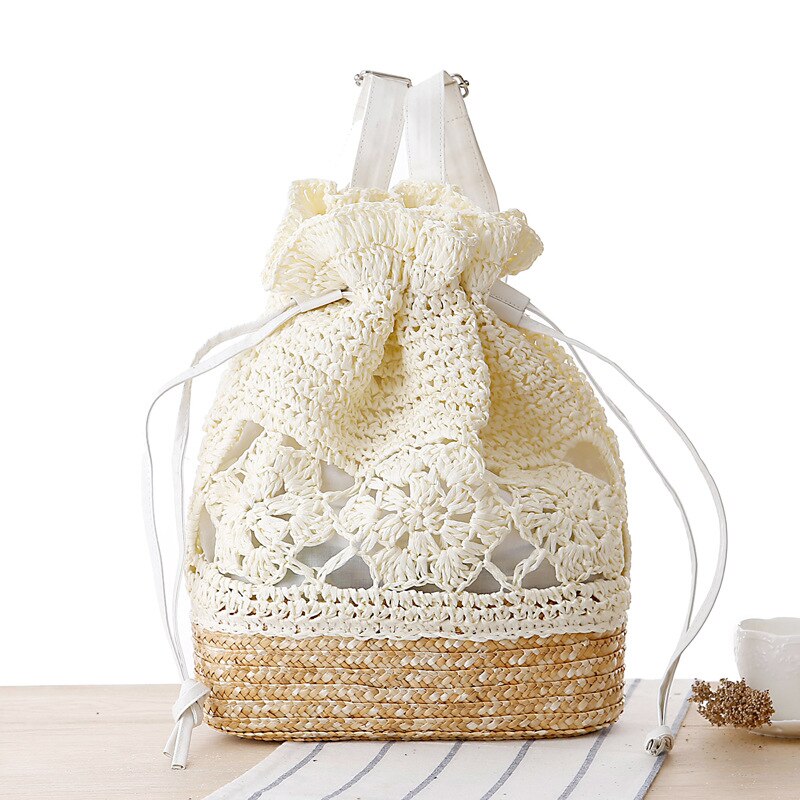 Summer Knitted Flower Drawstring Bag Crochet Straw Pouch Bohemian Hollow Out Backpack Women Textile Bags Beach: White