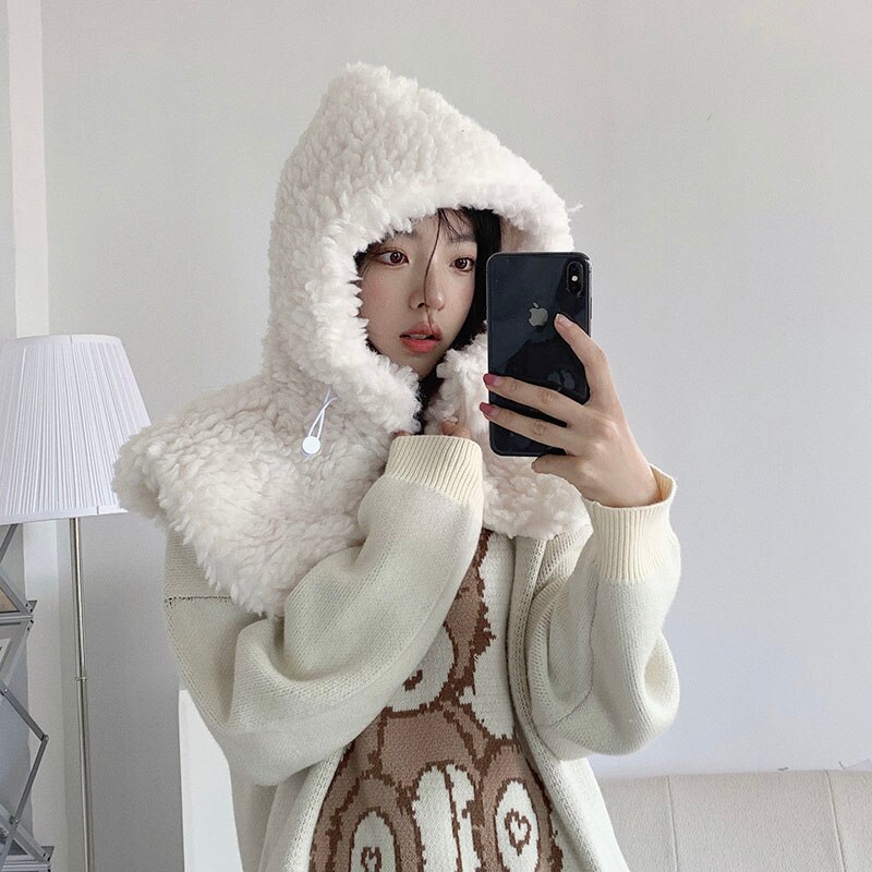 Gorro con capucha de pelo de cordero Artificial para hombre y mujer, gorro grueso con cordón para la cabeza, ajustable, de Color sólido, para invierno