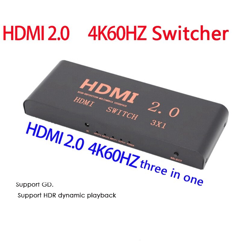 3 in 1 Out 2.0 Switcher 4K60HZ HD Switcher Supports Blu-Ray Input/3D Output/HDCP2.2/HDR Dynamic