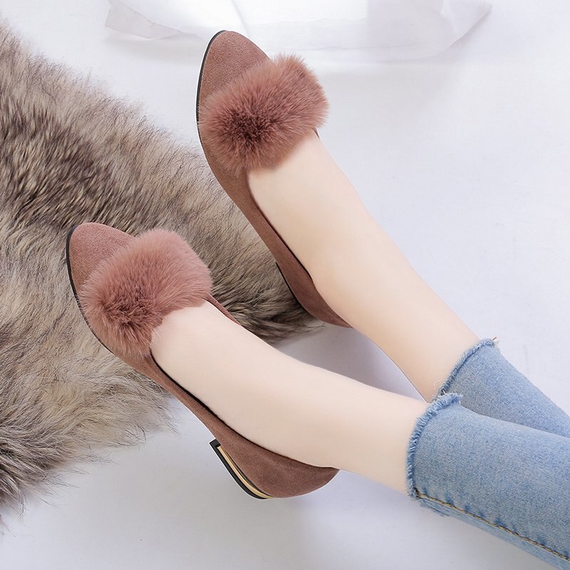 Chaussures coréennes mocassins fourrure automne femmes talons bout pointu décontracté femme baskets bouche peu profonde tout-Match chaussures plates automne