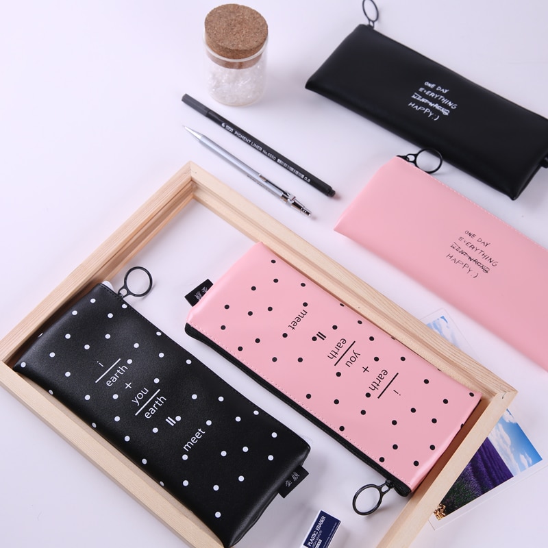 Mignon rose porte-crayon pour filles Kawaii noir blanc point Pu cuir stylo sac papeterie pochette bureau fournitures scolaires Zakka escolar