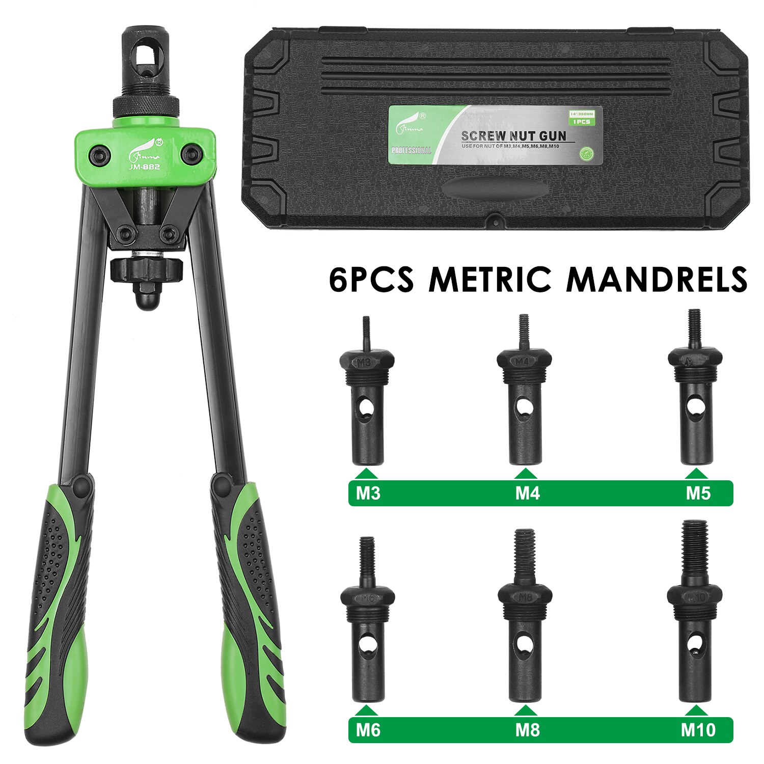 Hand Rivet Nut Tool Riveting Tool Rivet Nut Setter with 6 Metric Mandrels of M3/M4/M5/M6/M8/M10 and Molded Carrying Case