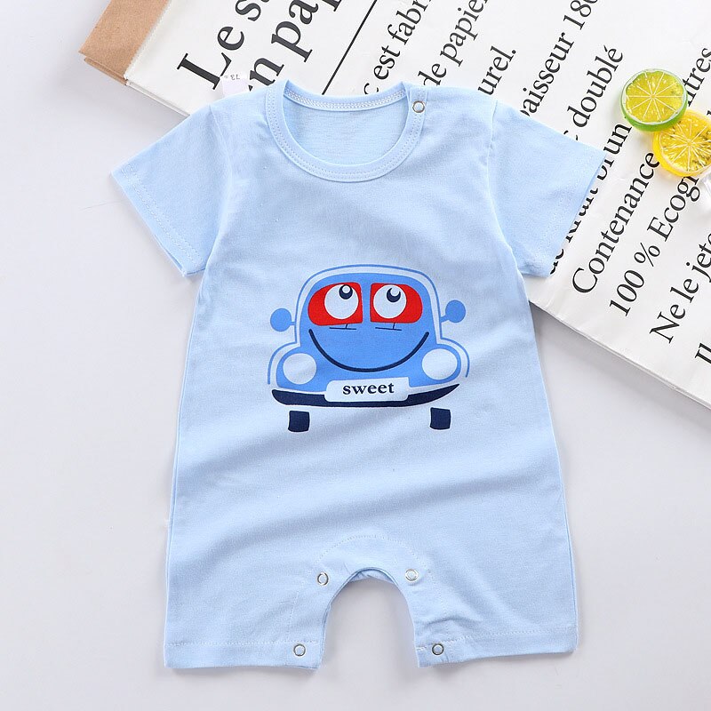 Katoenen Baby Meisje Jongen Romper Zomer Korte Mouw Cartoon Dier Jumpsuit Peuter Baby Leuke Kleding: blue / 90